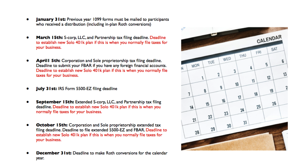 Compliance Calendar Solo 401k