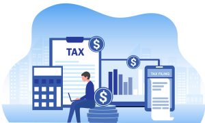 Online tax filing concept, businessman filling tax form documents online vector illustration